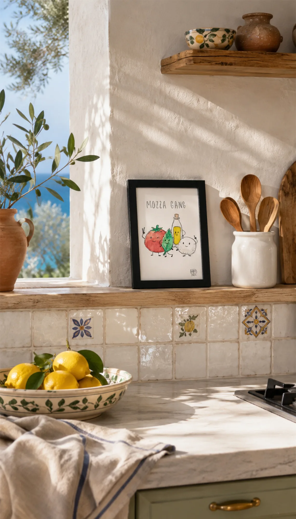Mozza gang - illustration encadrée mise en situation dans une cuisine méditerranéenne