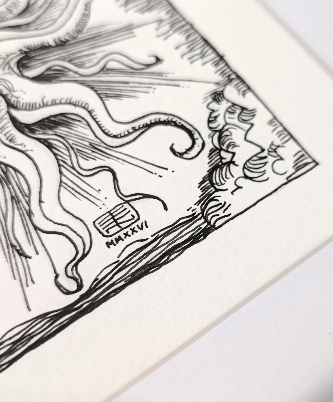 Sol Invictus - détail du dessin original à la plume et à l'encre avec la signature de l'artiste